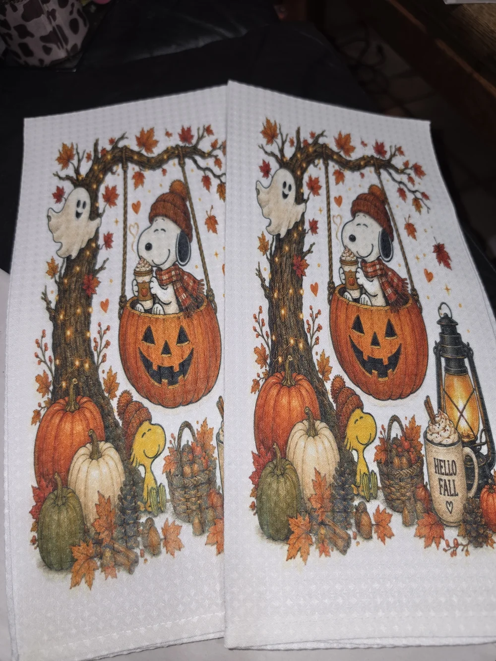 Snoopy & Woodstock Halloween Hand Towels - Orange Pumpkin Design